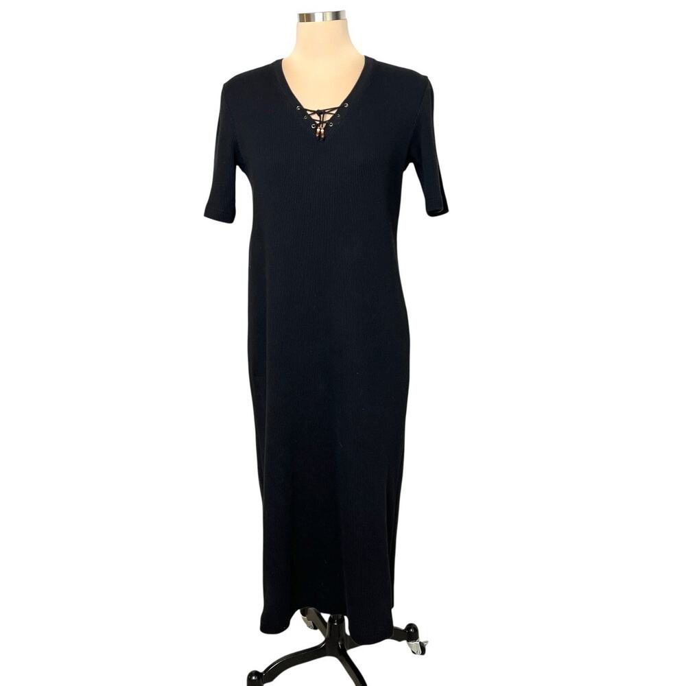Lauren Ralph Lauren Sweater Dress Petite Medium Knit Black Cross String Tie Neck